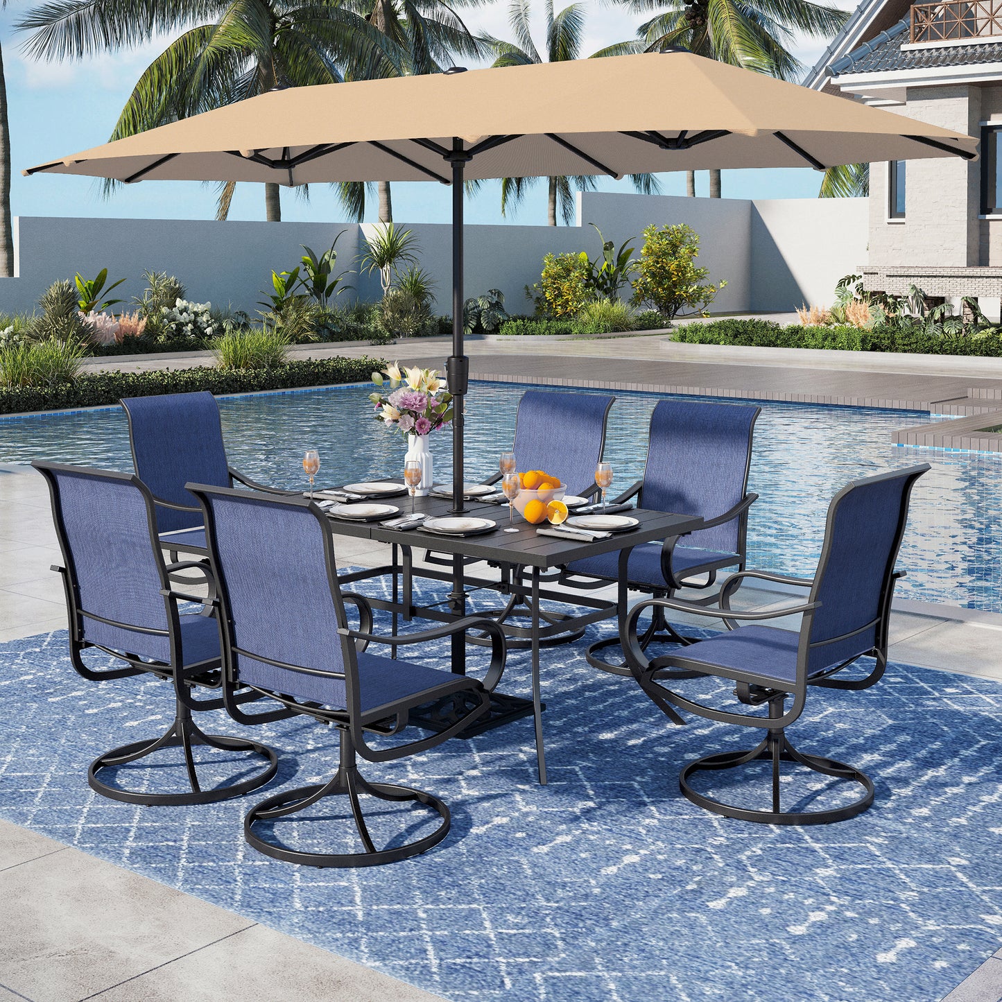 Captiva Designs 8pc Patio Rectangular Steel Dining Table & Sling Swivel Chairs & Market Umbrella