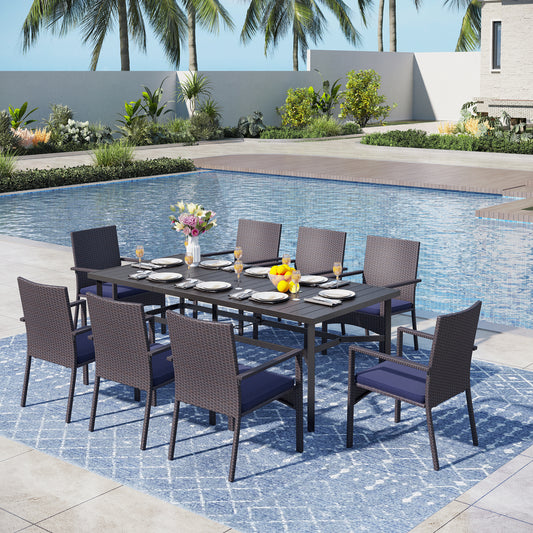 Captiva Designs 9pc Spacious Slat-top Rectangle Metal Table with Umbrella Hole & Armrest Rattan Chairs