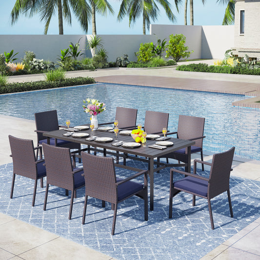 Captiva Designs 9 件套宽敞板条矩形金属桌，带伞孔和新月形扶手藤椅