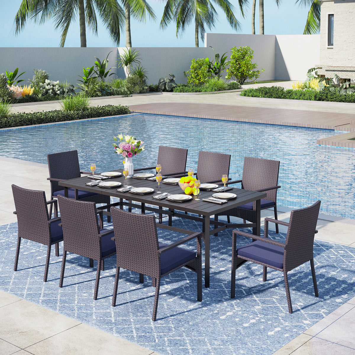 Captiva Designs 9 件套宽敞板条矩形金属桌，带伞孔和新月形扶手藤椅