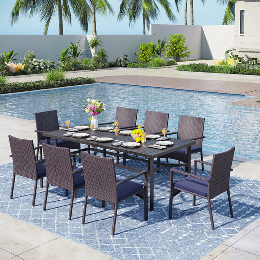 Captiva Designs 9 件套宽敞板条矩形金属桌，带伞孔和新月形扶手藤椅