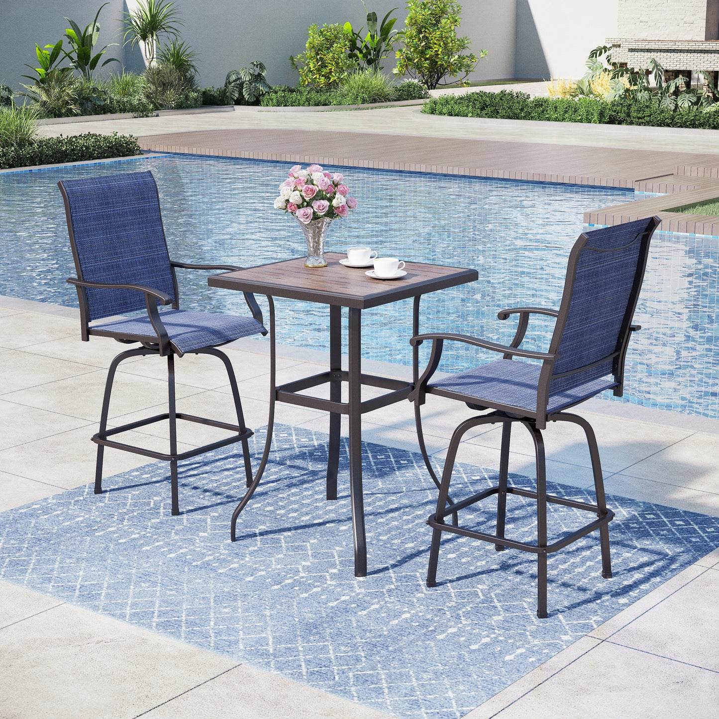 Captiva Designs 3Pc Outdoor Patio Dining Bar Set with Steel Steel Table & Sling Swivel Bar Stools