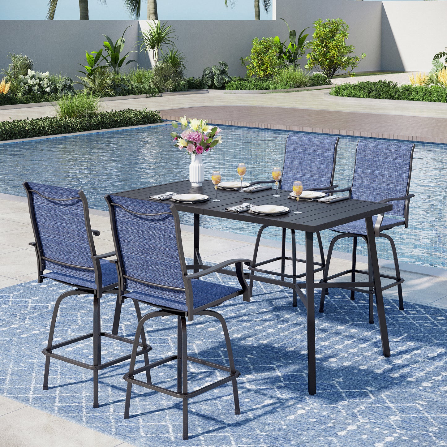 Captiva Designs 5pc Outdoor Patio Cross Bracket Rectangle Steel Bar Table & High Bar Stools