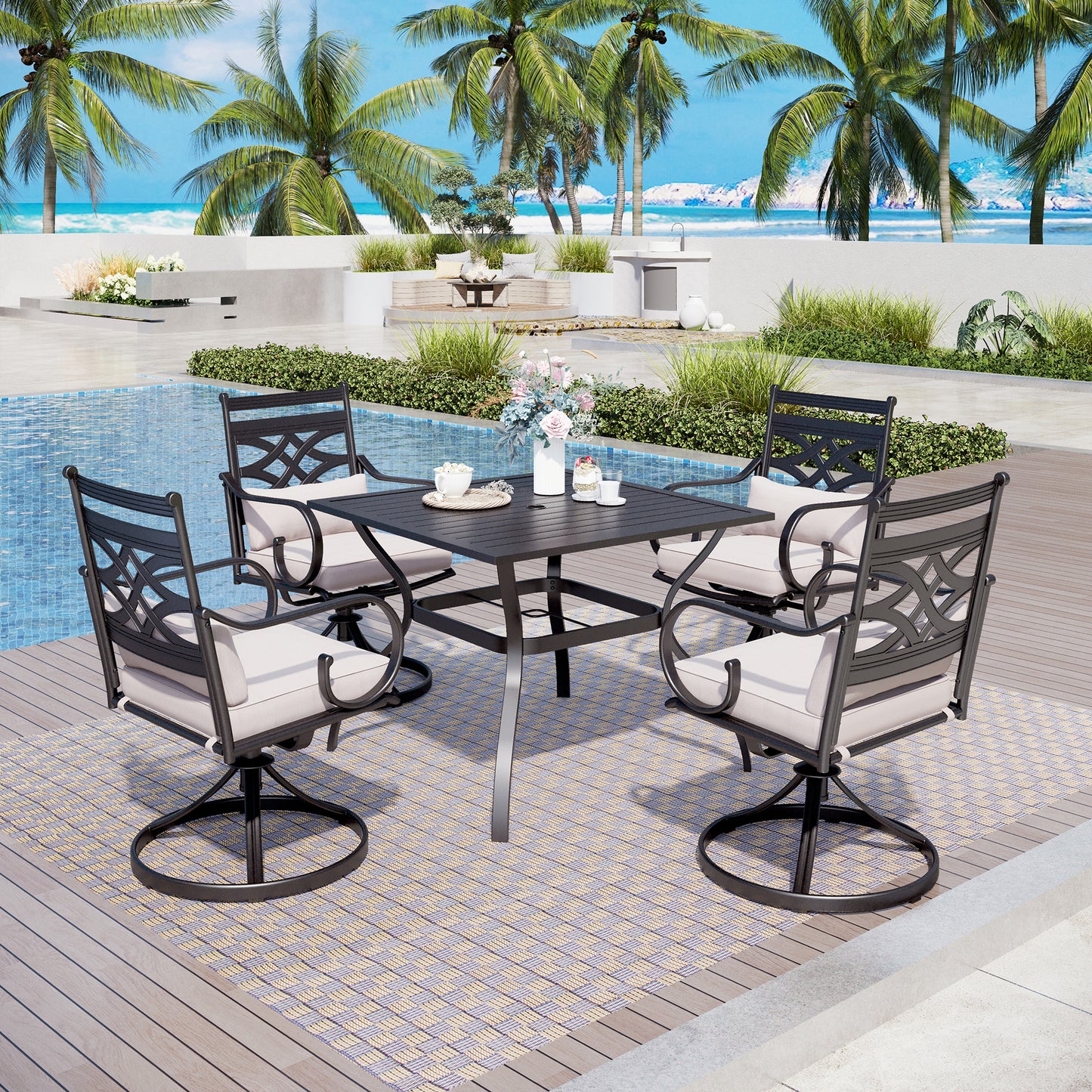 Captiva Designs 5pc Outdoor Dining Table & Metal Chairs with Thick Seat & Back Cushions
