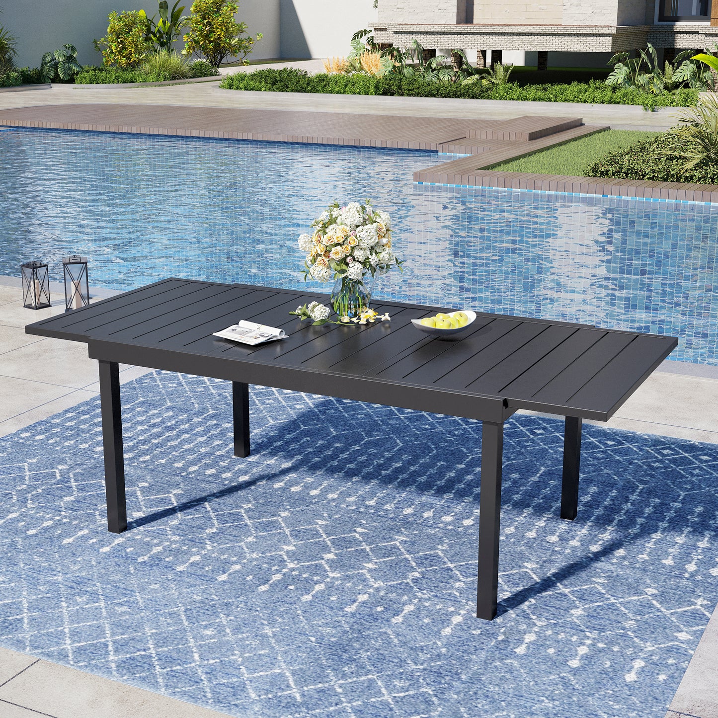 Captiva Designs 7pc Outdoor Patio Slat-top  Dining Steel Table & Rattan Chairs with Removable Cushions