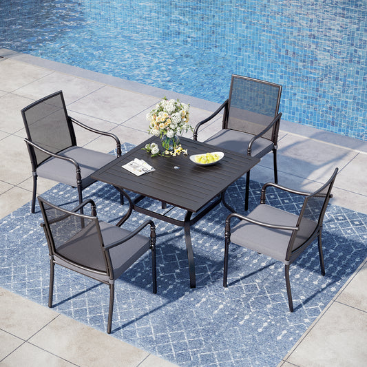 Captiva Designs 5pc Patio Dining Steel Table with Umbrella Hole & Metal Chairs with Cushions