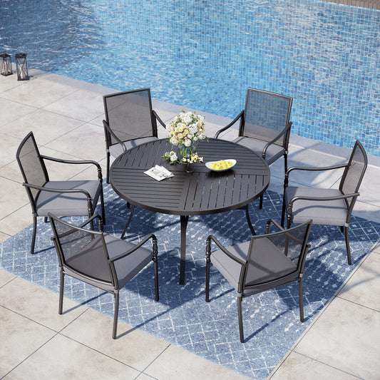 Captiva Designs 7pc Outdoor Dining Steel Table with Umbrella Hole & Metal Frame Arm Chairs