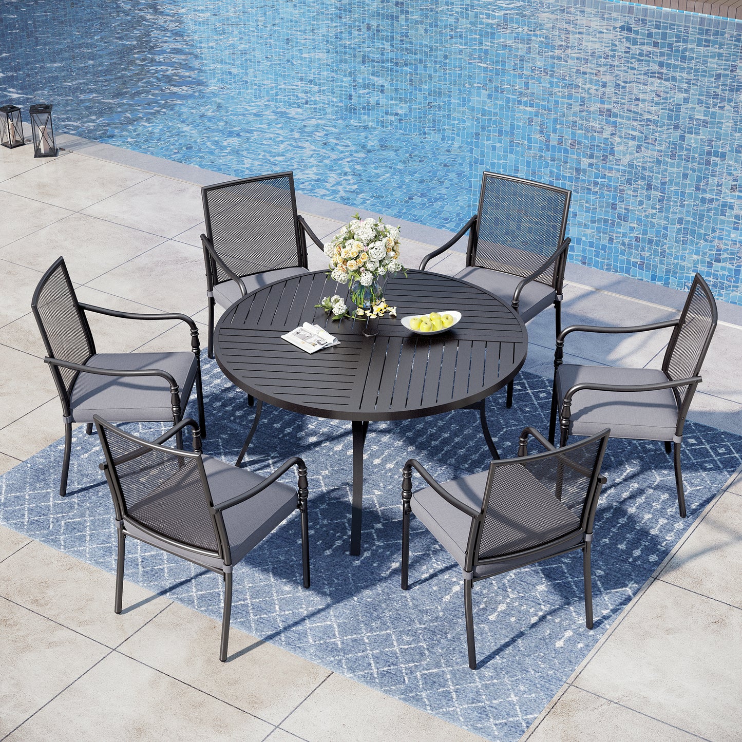 Captiva Designs Outdoor Dining  Steel Chairs with Thick Cushions and Gourd Head Armrests