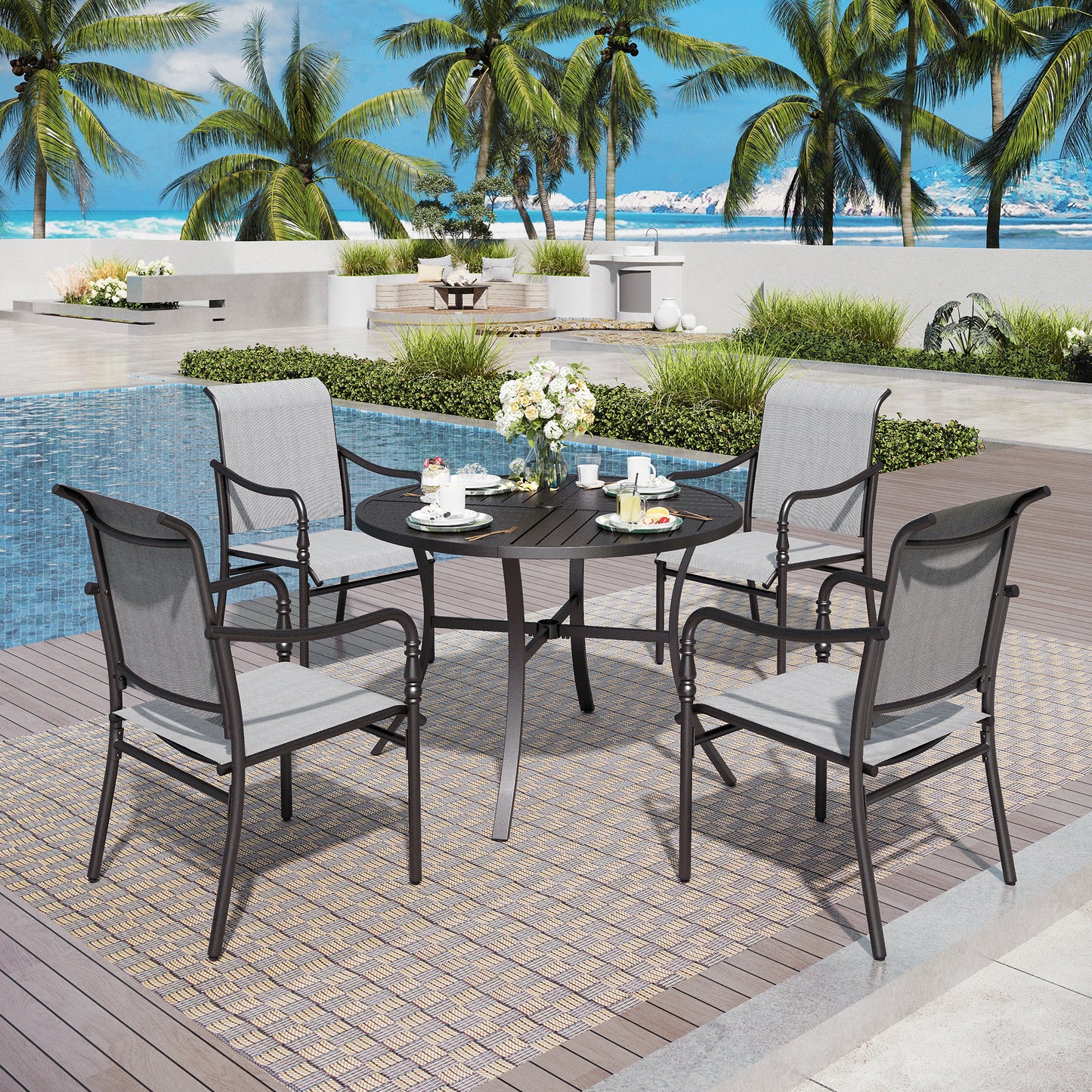Captiva Designs Outdoor Dining Gray Sling Chairs with Gourd Head Armrests