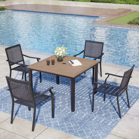 Captiva Designs 5pc Patio Dining Steel Set with Wood-like Square Table & Stackable Chairs with Bull's Eye Pattern