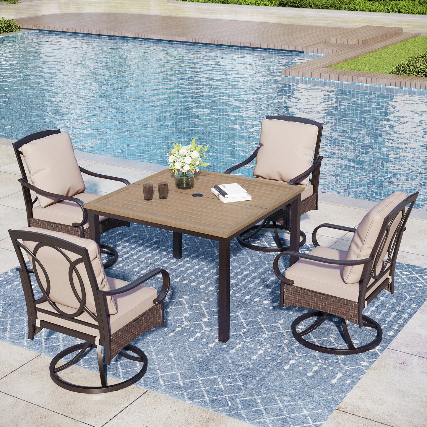Captiva Designs 5pc Outdoor Patio Metal Dining Table & Rattan Chairs with Removable Cushions