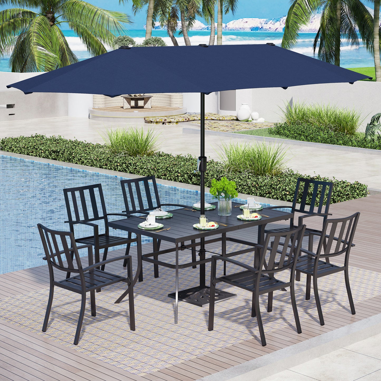 Captiva Designs 8pc Patio Dining Slat-top Rectangle Table & Stackable Steel Chairs & 13ft Large Umbrella