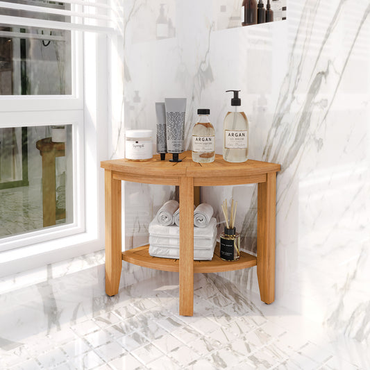 Captiva Designs Corner Teak Shower Bench with Anti-slip Foot Pads, Waterproof Shower Seat