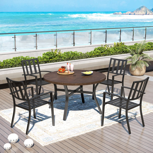 Captiva Designs 5pc Patio Dining Round Wood-look Table with Umbrella Hole & Metal Chairs