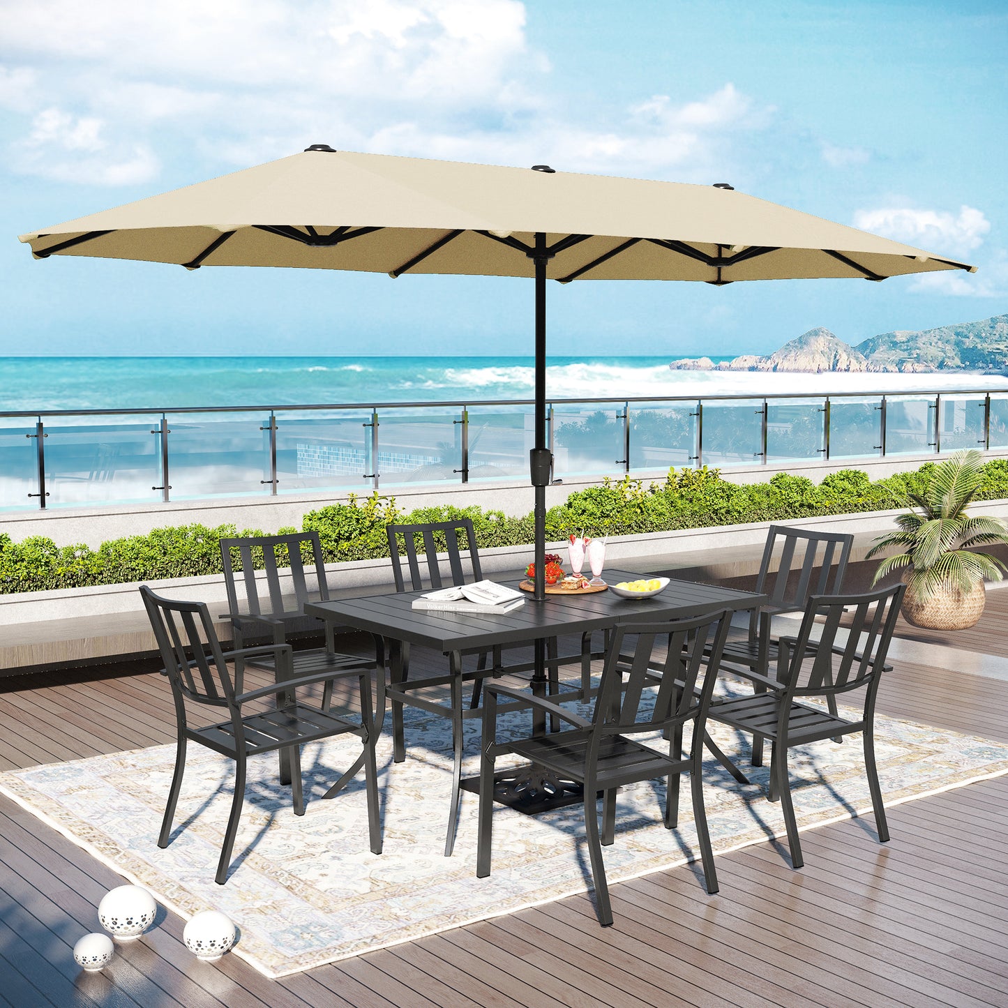 Captiva Designs 8pc Patio Dining Slat-top Rectangle Table & Stackable Steel Chairs & 13ft Large Umbrella