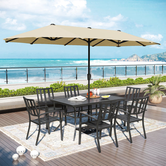 Captiva Designs 8pc Patio Dining Slat-top Rectangle Table & Stackable Steel Chairs & 13ft Large Umbrella