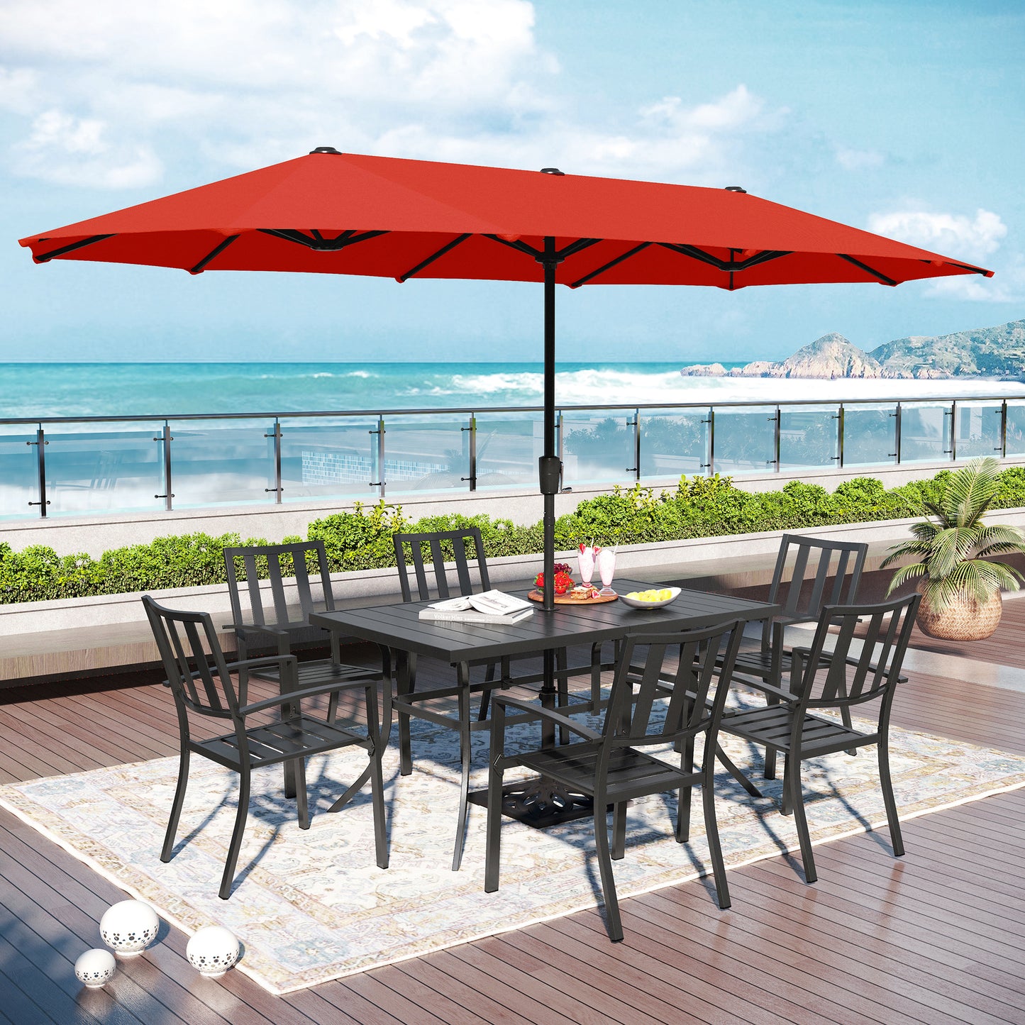 Captiva Designs 8pc Patio Dining Slat-top Rectangle Table & Stackable Steel Chairs & 13ft Large Umbrella