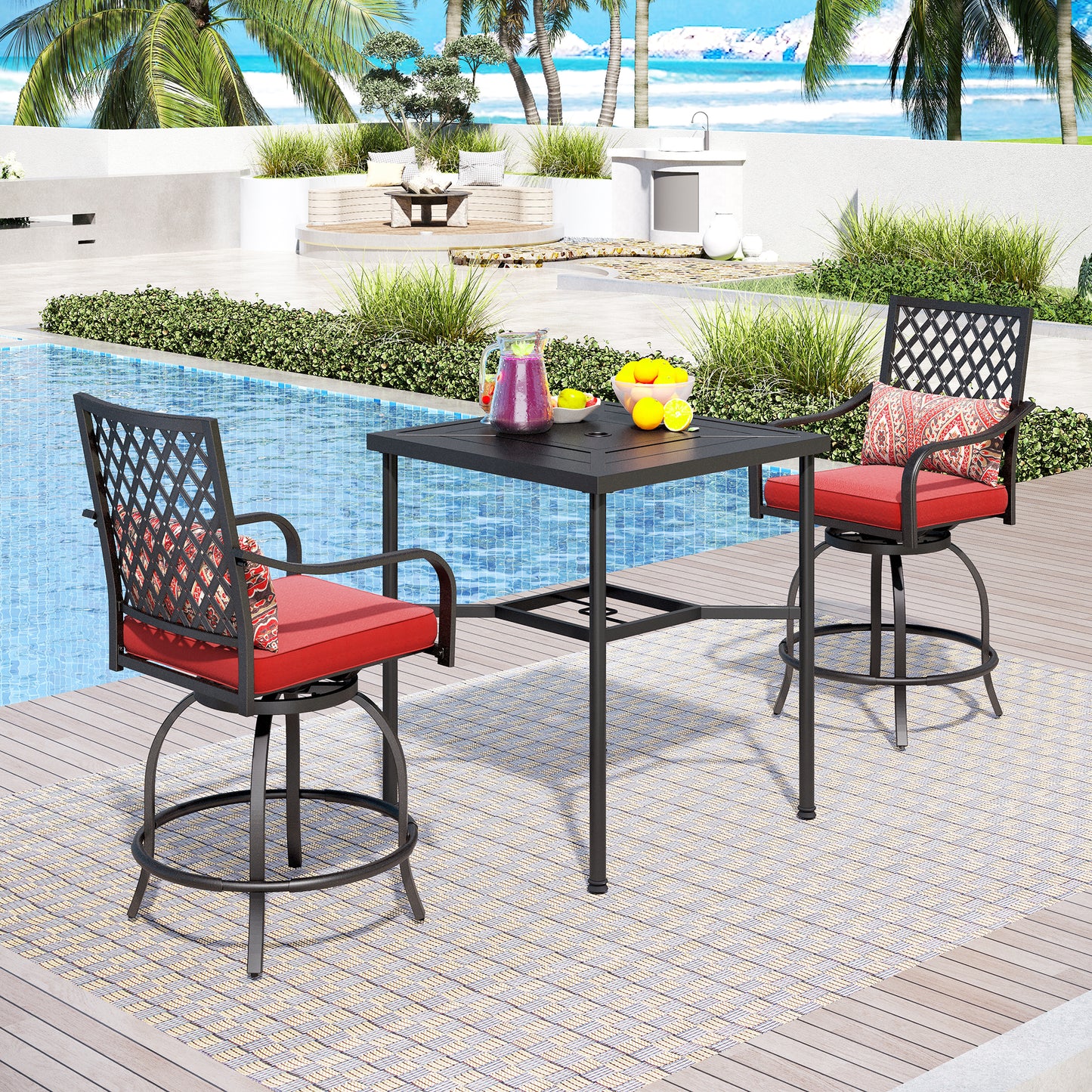 Captiva Designs 3pc Outdoor Patio Metal Bar Height Table & Bar Swivel Chair with Cushion and Armrest