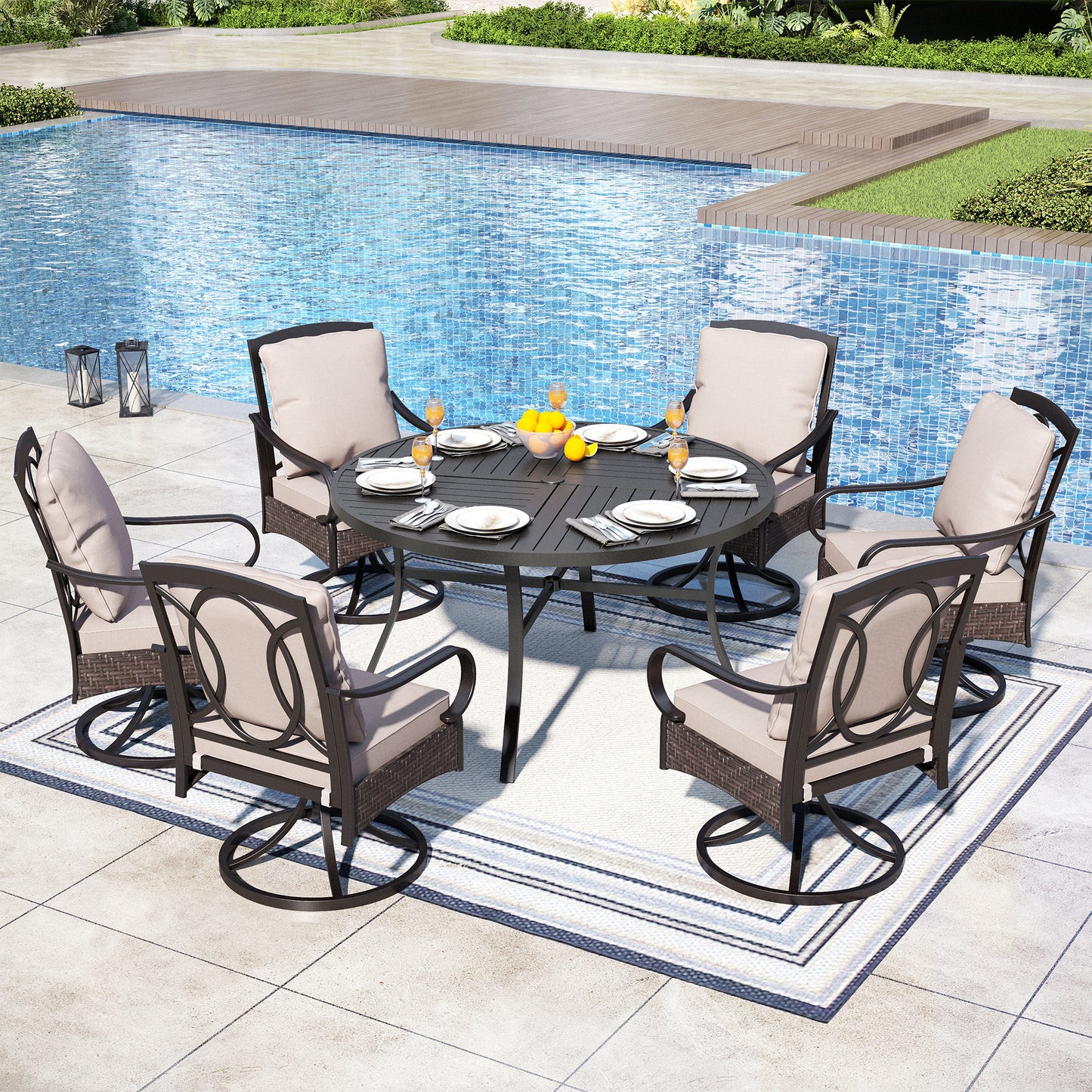Captiva Designs 7pc Patio Dining Set with Slat-top Steel Table & Rattan Metal Chairs with Removable Cushions