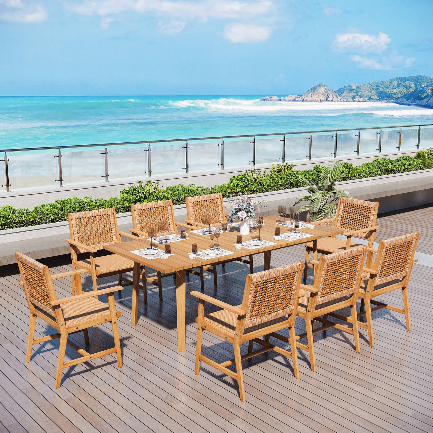 Captiva Designs Outdoor Patio Wood Dining Set with Rattan Chairs & 1 Acacia Wood Rectangular Table