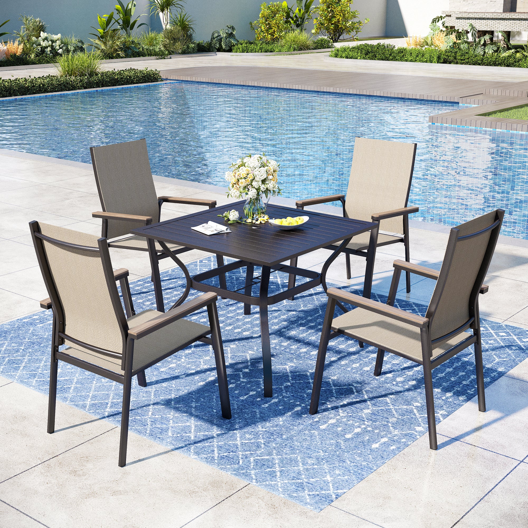 Nectar Table Captiva Designs 5pc Patio Dining Steel Table & Beige Textilene Chairs ...