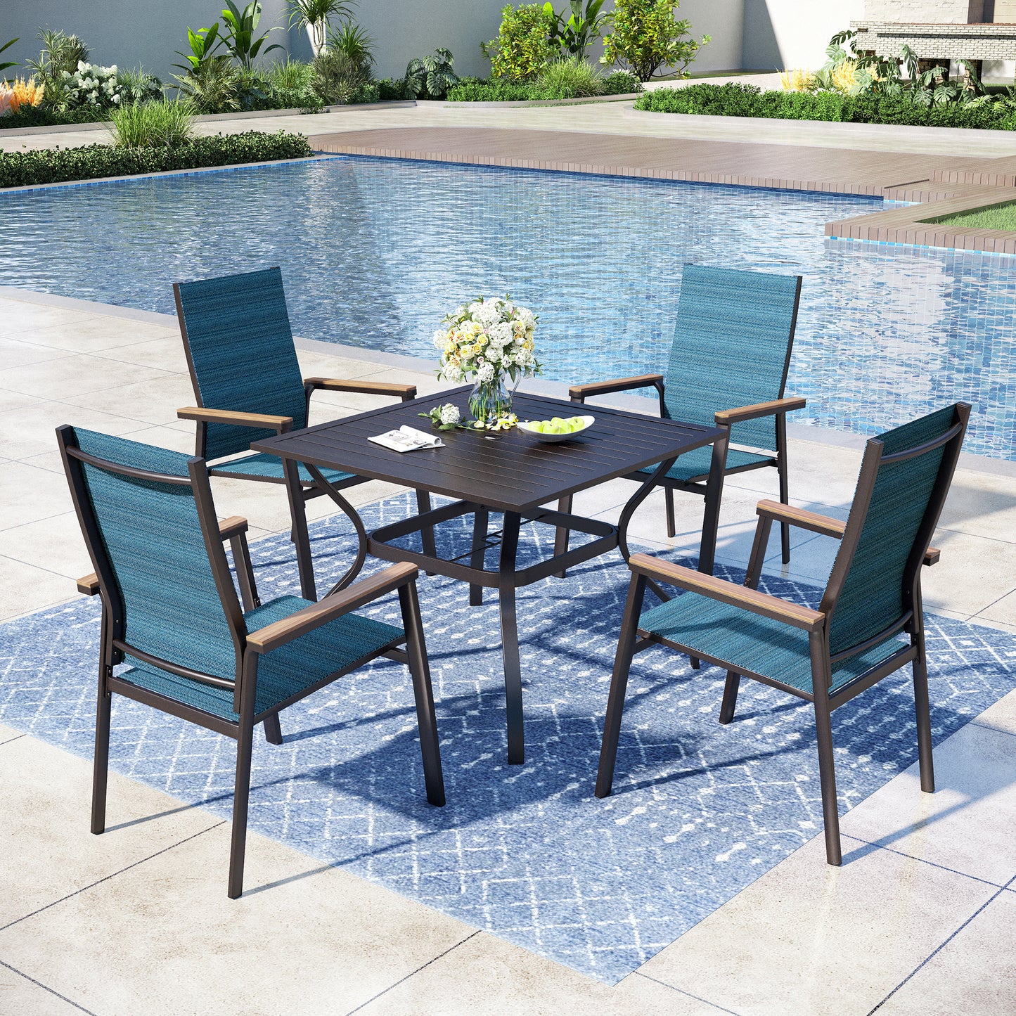 Captiva Designs 5pc Patio Steel Dining Table & Textilene Chairs with Wood-like Armrests