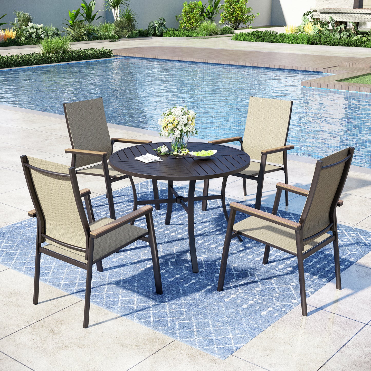 Captiva Designs 5pc Patio Steel Dining Table & Textilene Chairs with Wood-like Armrests