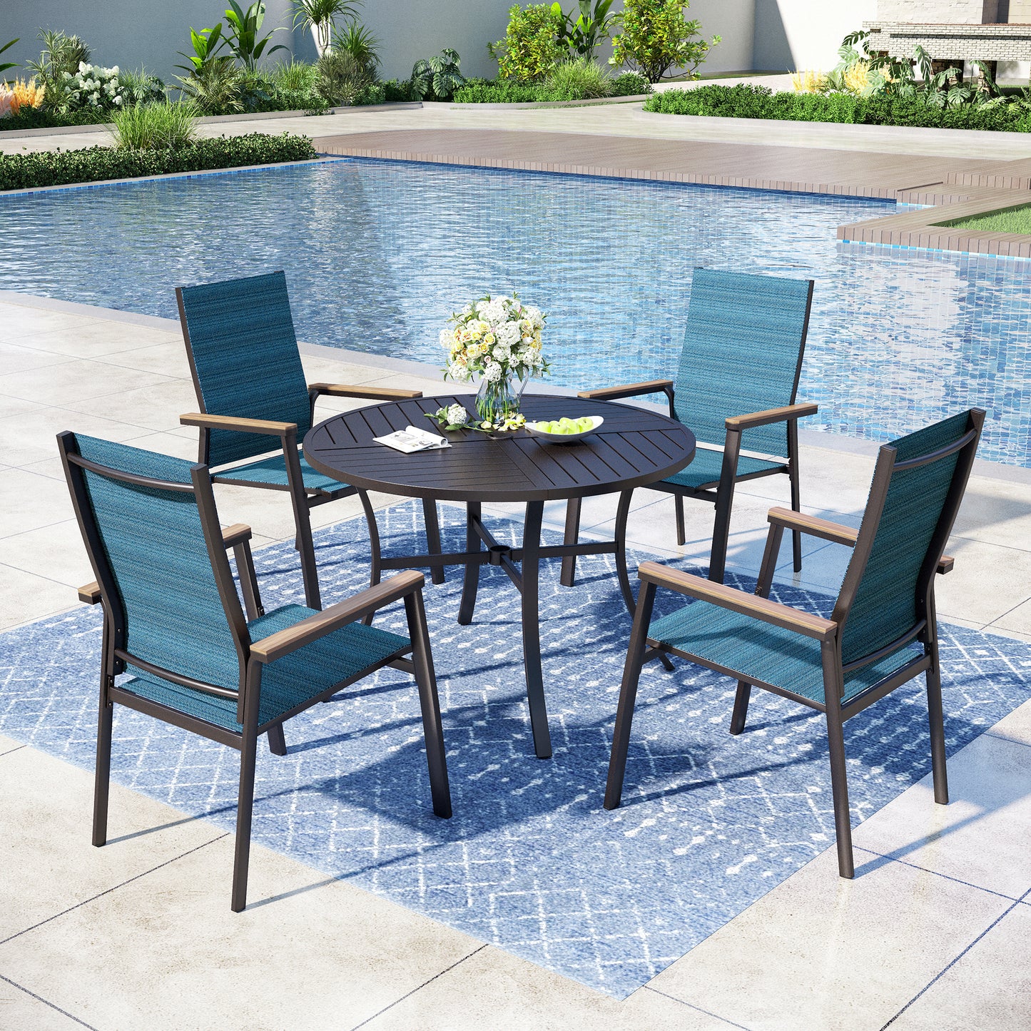 Captiva Designs 5pc Patio Steel Dining Table & Textilene Chairs with Wood-like Armrests
