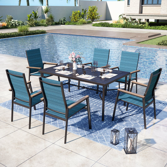 Captiva Designs 7pc Patio Dining Set with Geometric Pattern Rectangle Table & Sling Chairs with Wood-look Armrest