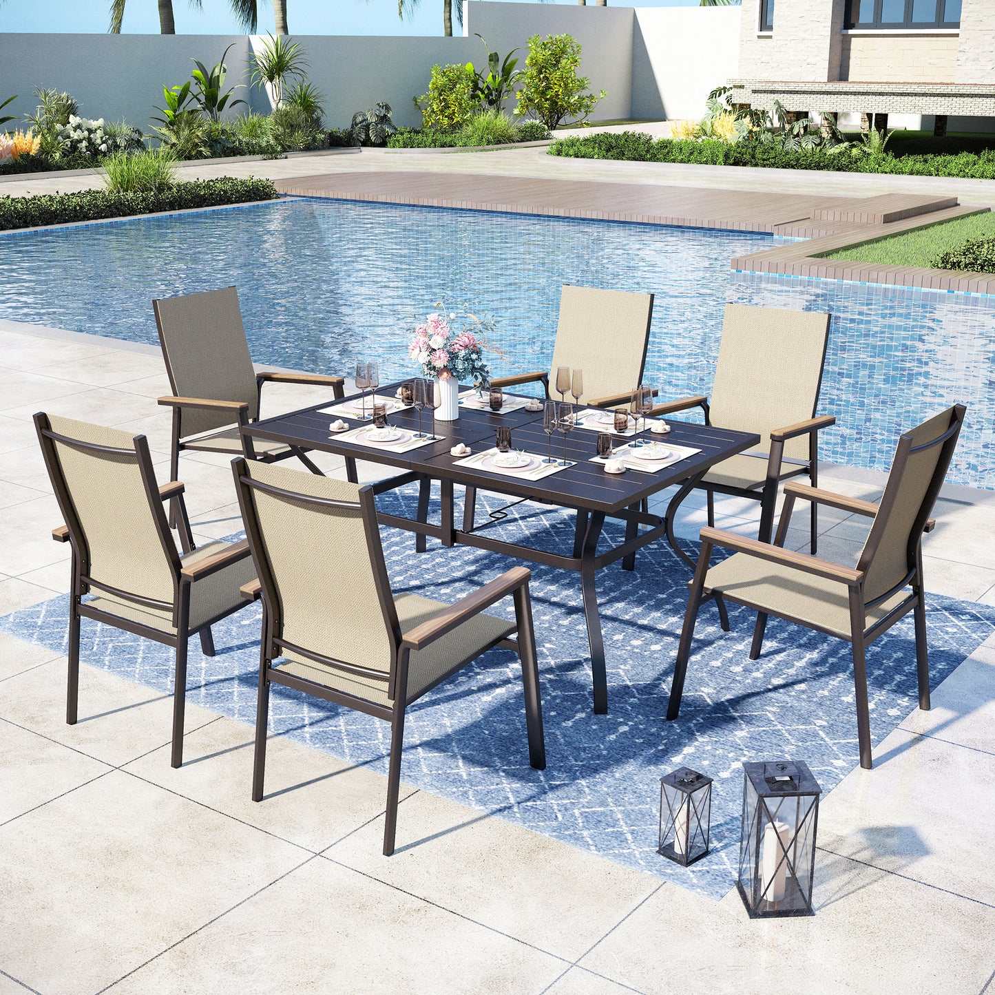 Captiva Designs 7pc Patio Dining Slat-top Rectangle Table & Textilene Chairs with Wood-like Armrests