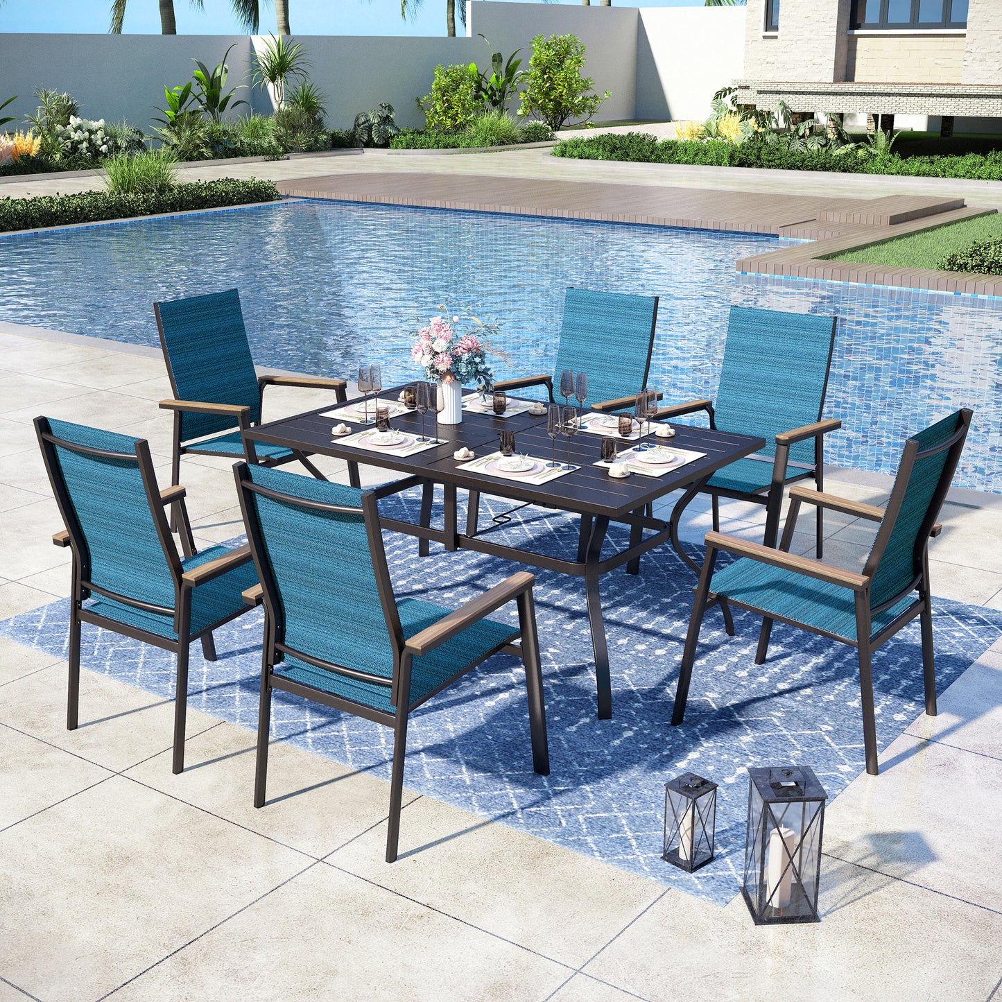 Captiva Designs 7pc Patio Dining Slat-top Rectangle Table & Textilene Chairs with Wood-like Armrests