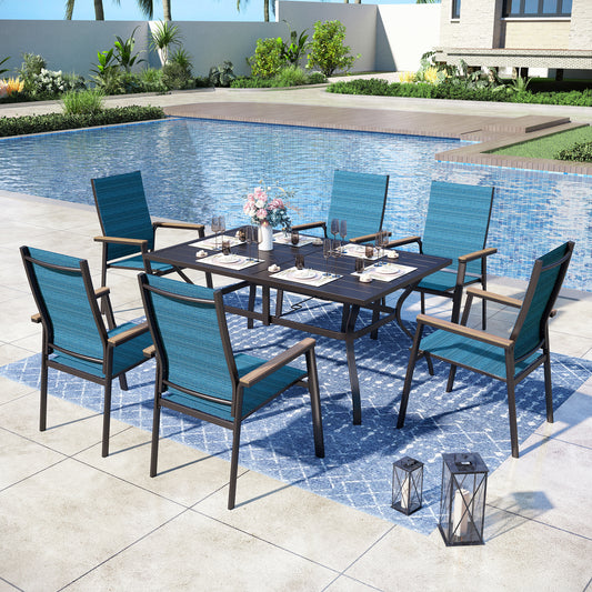 Captiva Designs 7pc Patio Dining Slat-top Rectangle Table & Textilene Chairs with Wood-like Armrests