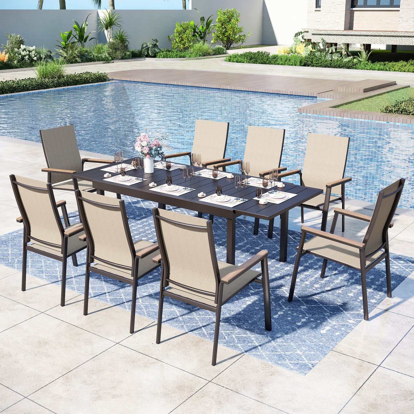 Captiva Designs 9pc Patio Dining Set with Slat-top Steel Rectangle Table & Textilene Aluminum Chairs