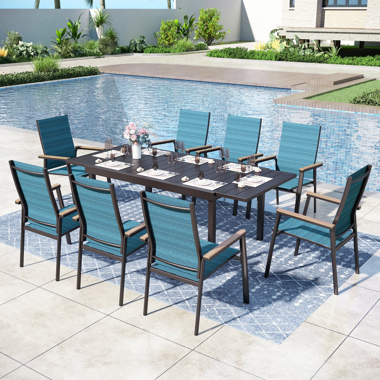 Captiva Designs 9pc Patio Dining Set with Slat-top Steel Rectangle Table & Textilene Aluminum Chairs