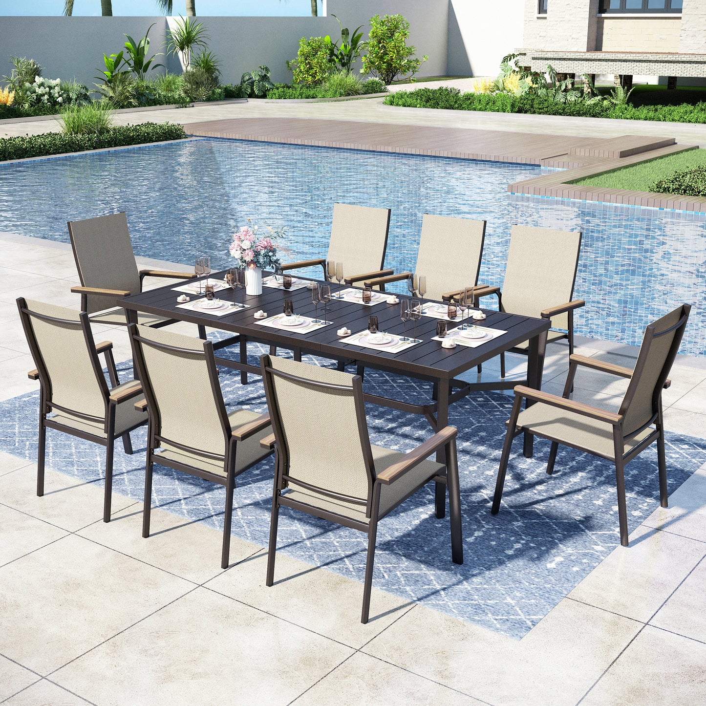Captiva Designs 9pc Patio Dining Set with Slat-top Steel Rectangle Table & Textilene Aluminum Chairs