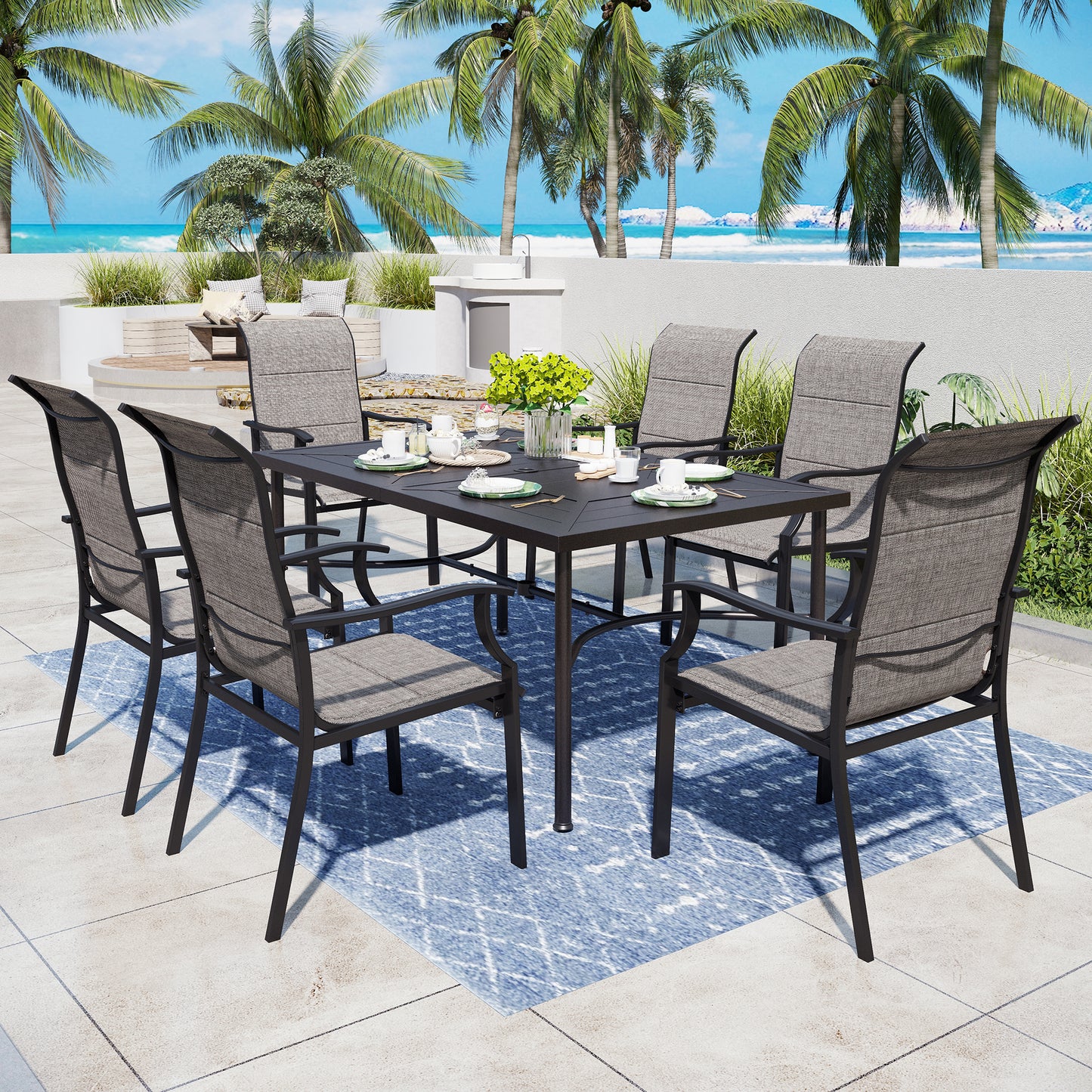 Captiva Designs 7pc Patio Dining Rectangular Black Steel Table & High Back Padded Grayish Brown Sling Armrest Chairs