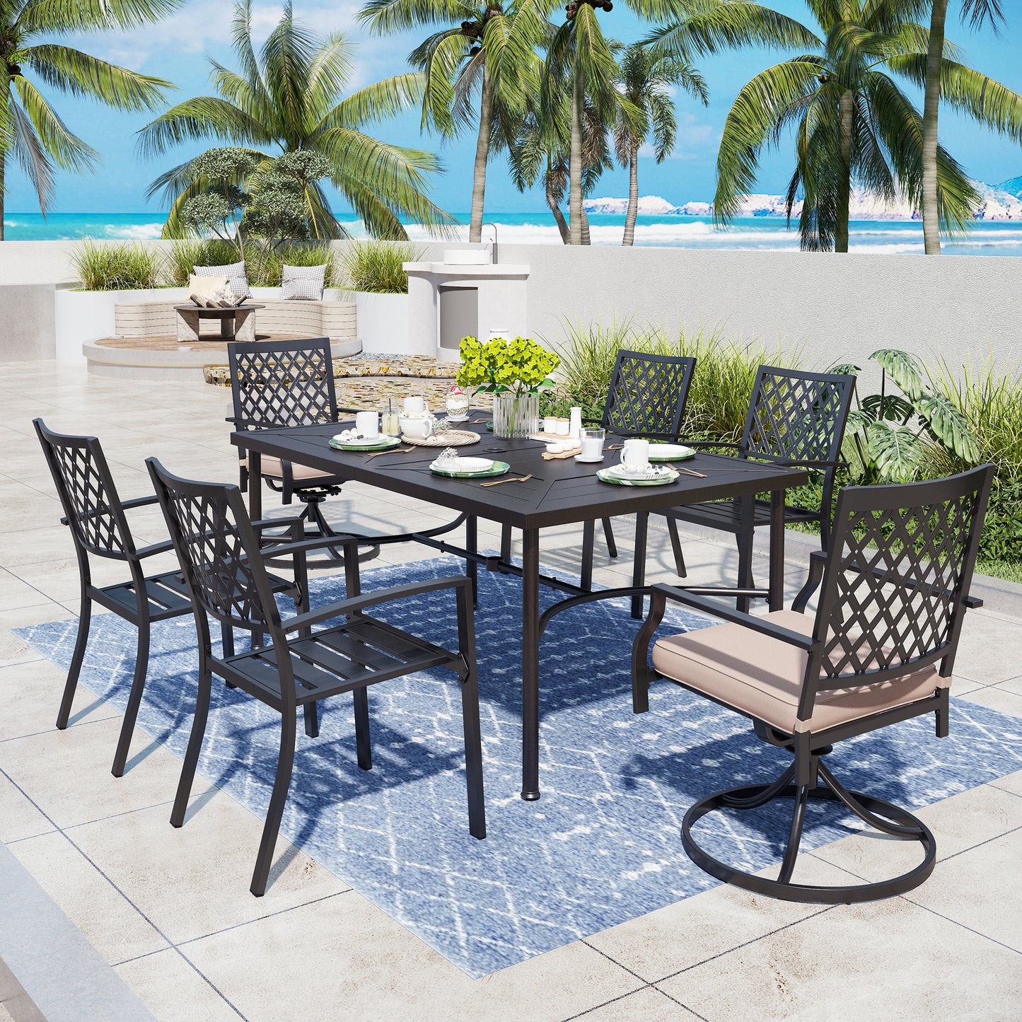 Captiva Designs 7pc Patio Dining Geometric Pattern Rectangular Steel Table & Mesh Back Metal Arm Chairs