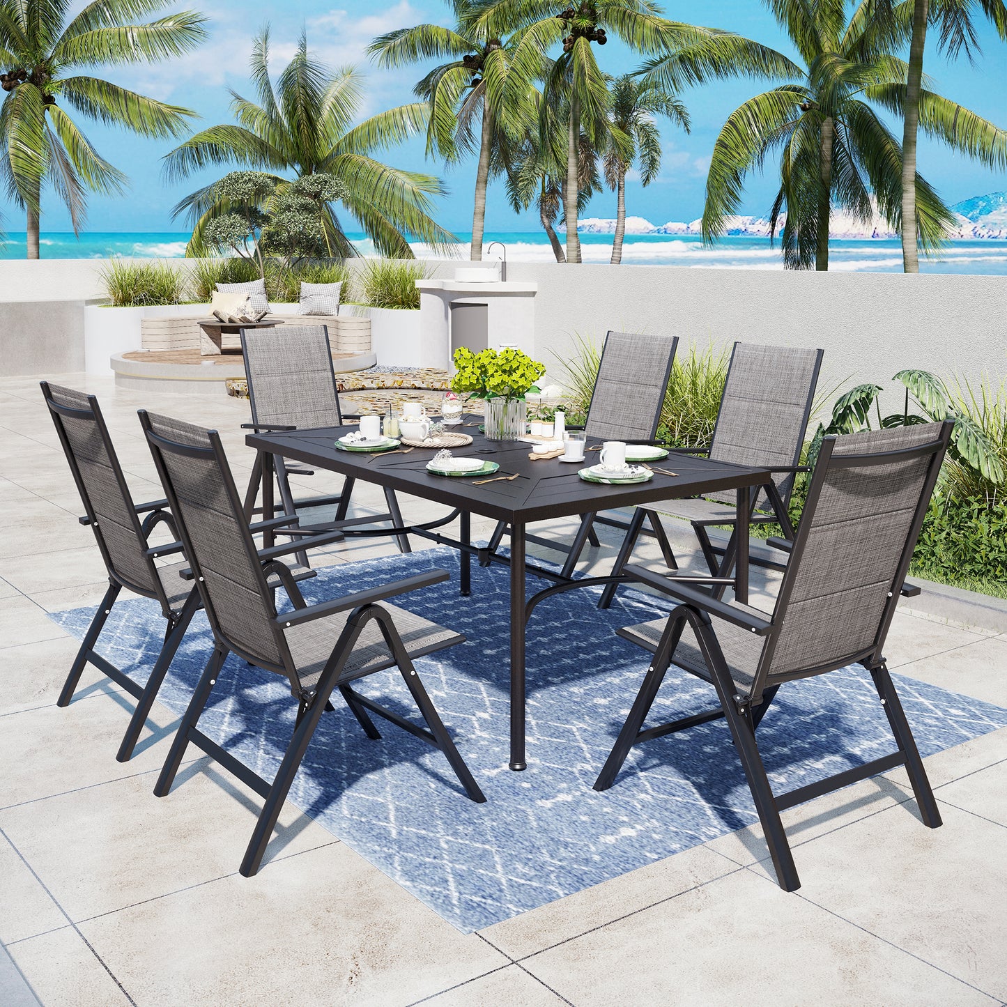Captiva Designs 7pc Outdoor Patio Slat-top Rectangle Dining Steel Table & Armrest Chairs
