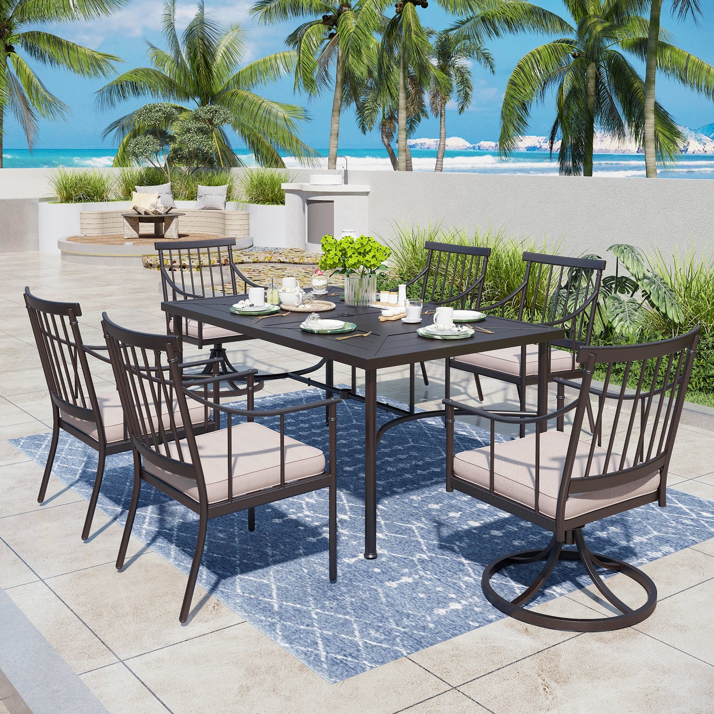 Captiva Designs 7pc Outdoor Patio Slat-top Rectangle Dining Steel Table & Armrest Chairs