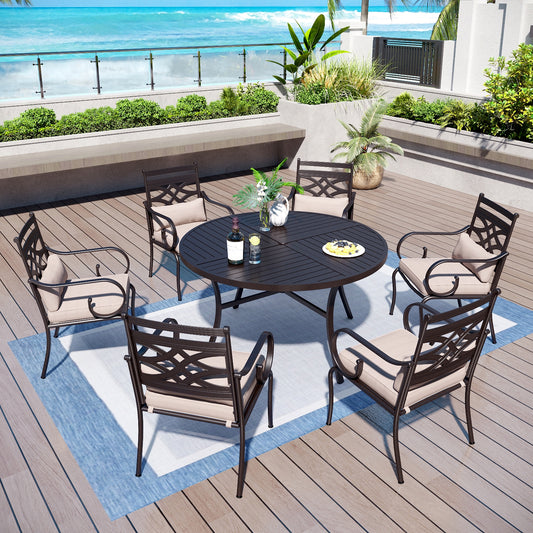 Captiva Designs 7pc Black Round Slatted Steel Table with Umbrella Hole & Metal Chairs with Seat Cushions and Waist Pillows