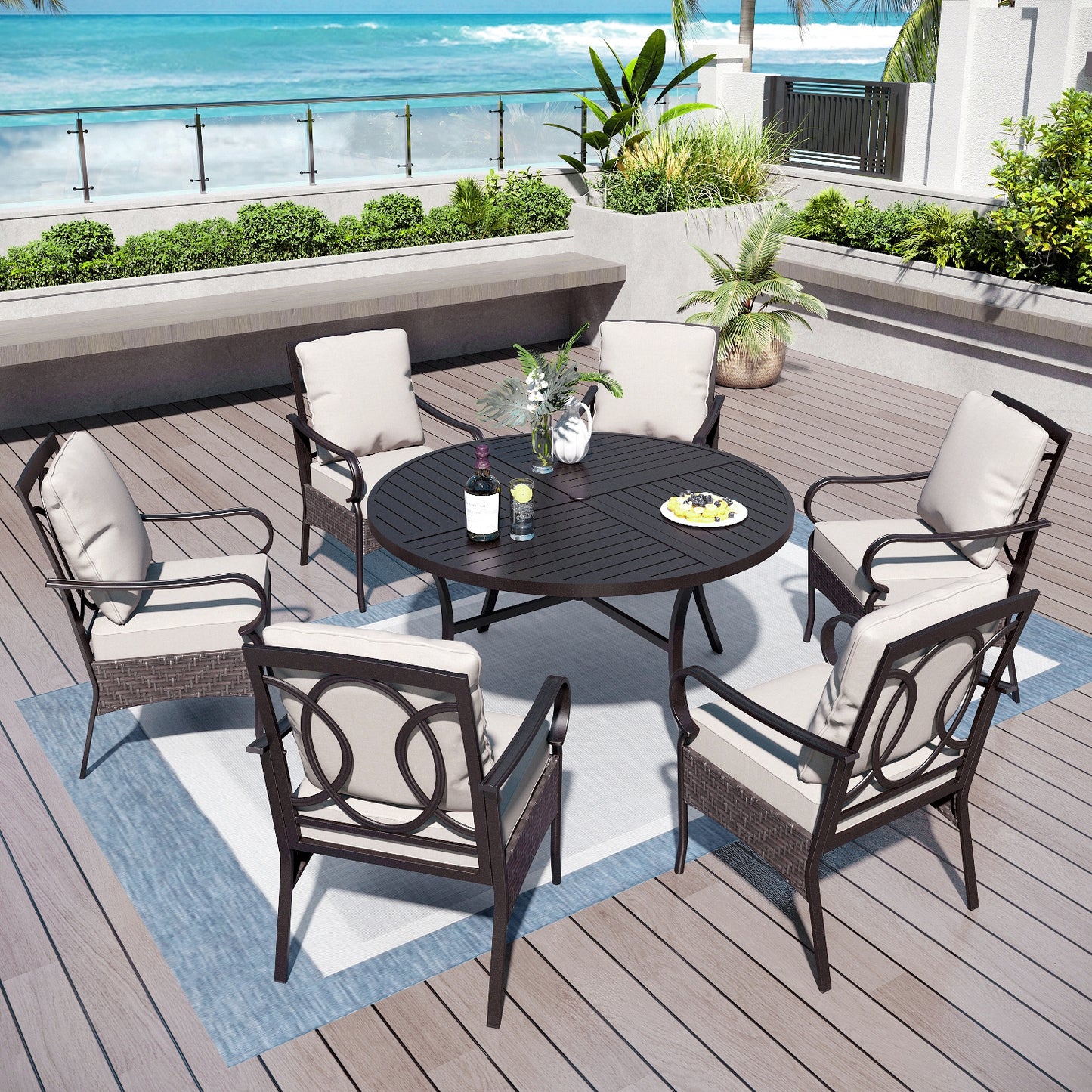 Captiva Designs 7pc Patio Dining Set with Slat-top Steel Table & Rattan Metal Chairs with Removable Cushions