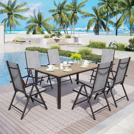 Captiva Designs 7 件套铸铝露台餐桌椅套装，配有长方形桌子和花背固定椅子