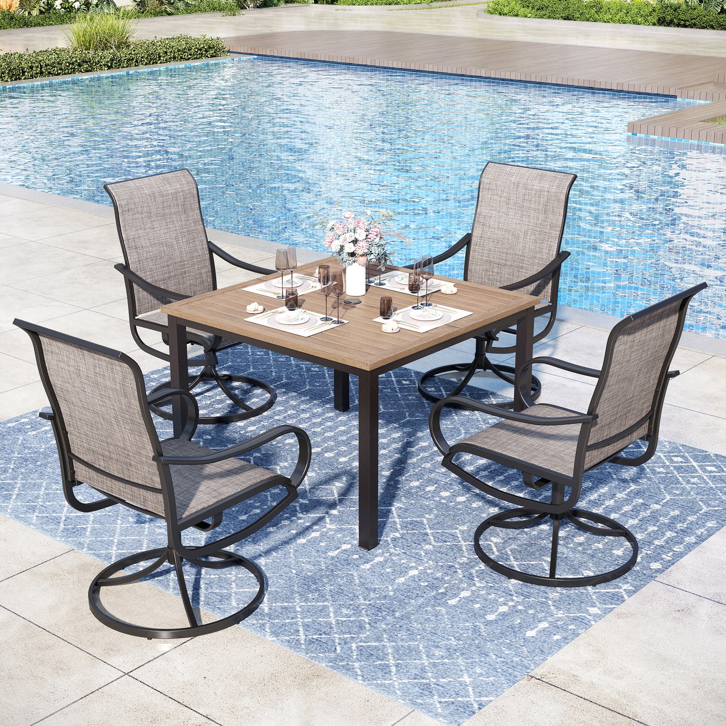 Captiva Designs 5pc Outdoor Wood-look Square Dining Steel Table & Swivel Sling Metal Chairs