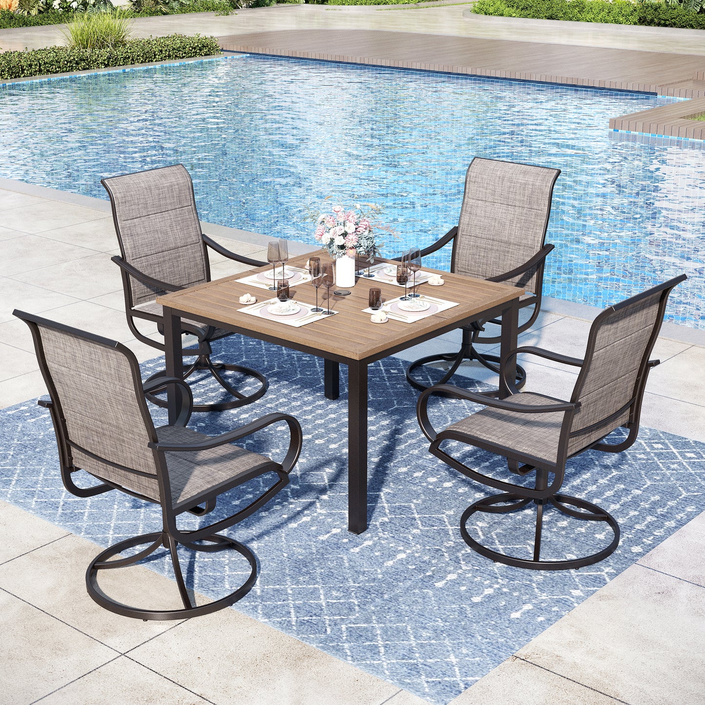 Captiva Designs 5pc Outdoor Wood-look Square Dining Steel Table & Swivel Sling Metal Chairs