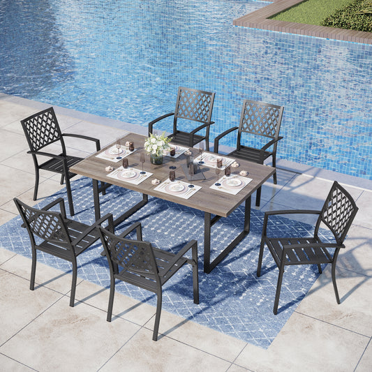 Captiva Designs 7pc Patio Dining Driftwood Finihsed Rectangle Table with Umbrella Hole & Metal Arm Chairs