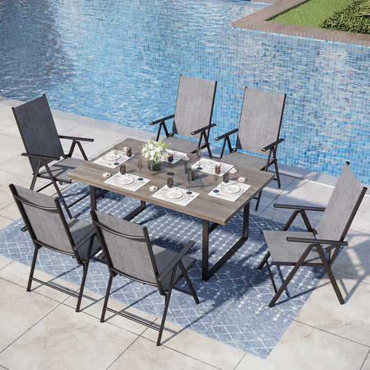 Captiva Designs 7pc Patio Wood-look Metal Table with Umbrella Hole & Textilene Reclining Foldable Chairs