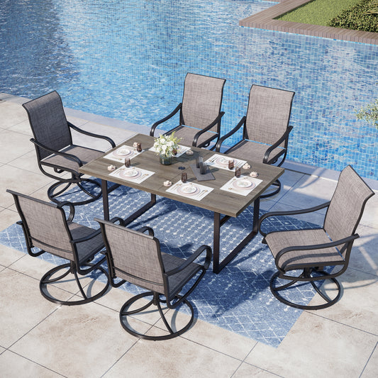 Captiva Designs 7pc Outdoor Patio Metal Rectangle Dining Table & Textilene Swivel Chairs