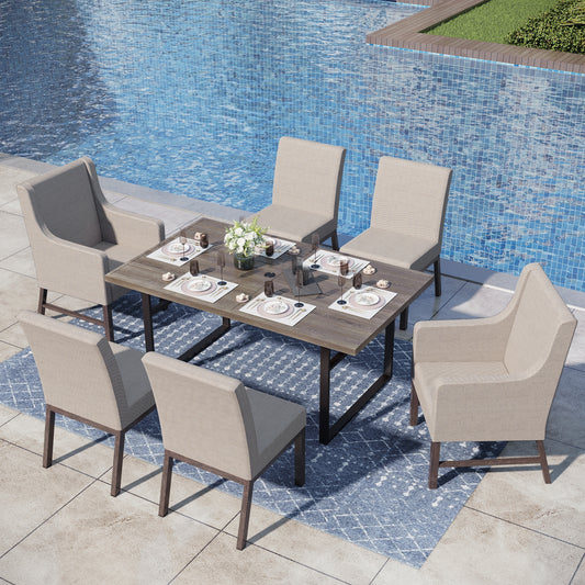 Captiva Designs 7pc Patio Dining Set Wood-look Rectangle Table & Cushioned Metal Chairs