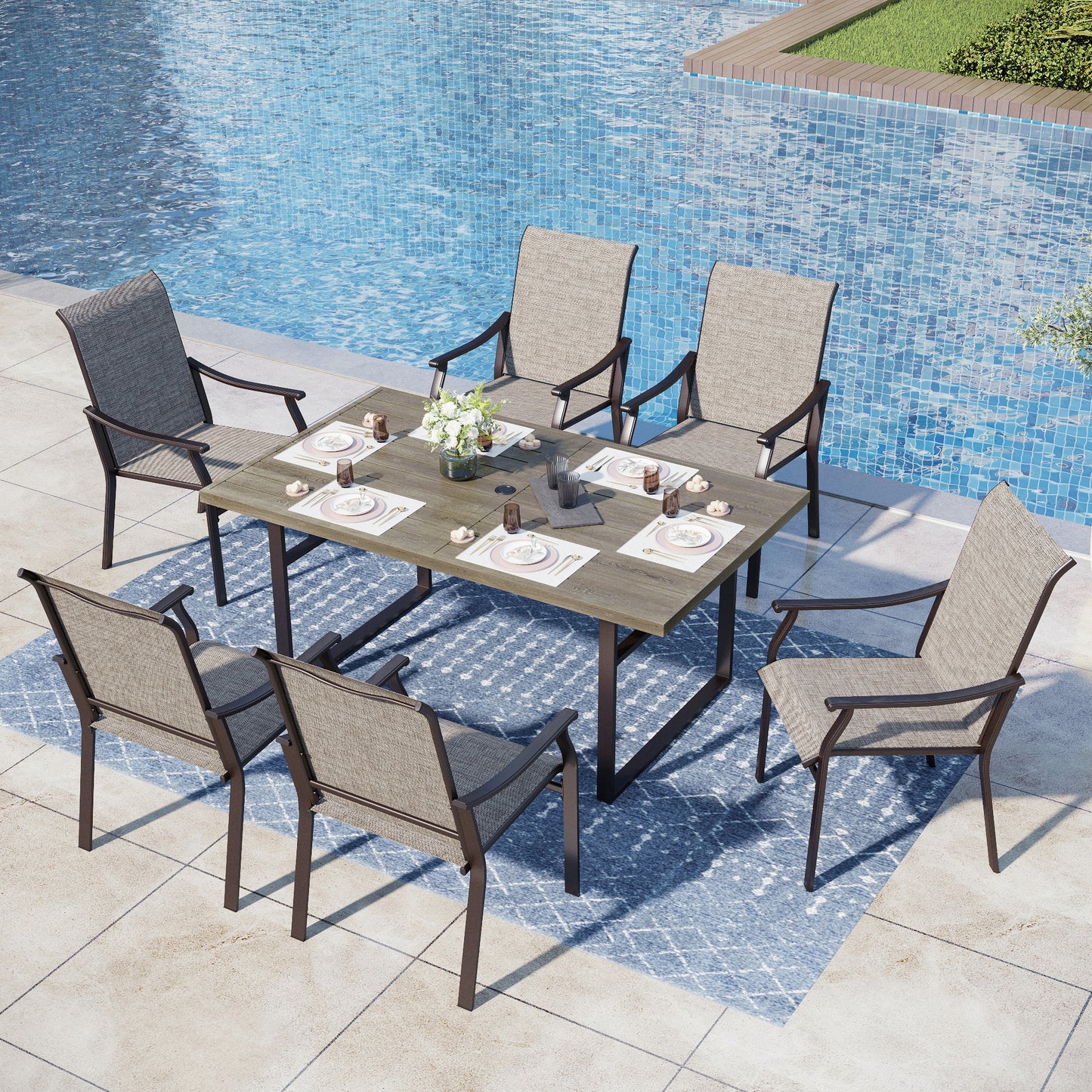 Captiva Designs 7 件套户外餐桌椅套装，配有带板顶的矩形桌子和高背藤制固定椅子