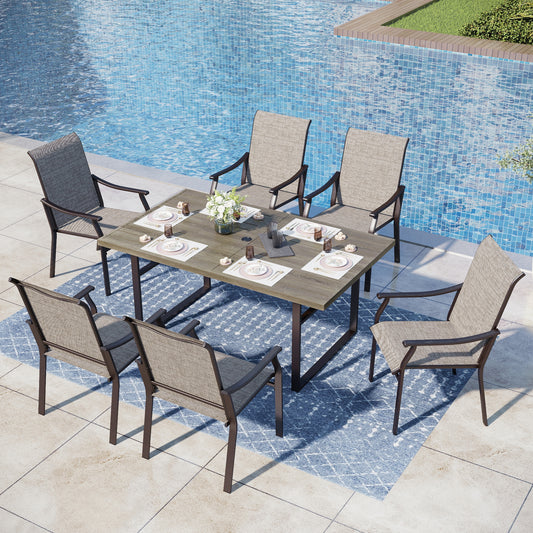 Captiva Designs 7pc Patio Outdoor Dining Rectangle Steel Table with Umbrella Hole & Brown Textilene Arm Chairs